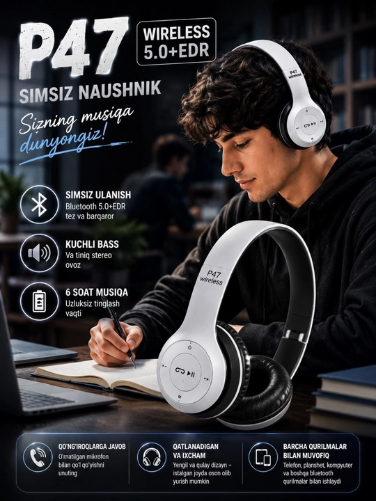 Simsiz Bluetooth naushniklar –  bass va stereo ovoz katta quloqchinlar, to'liq o'lchamda