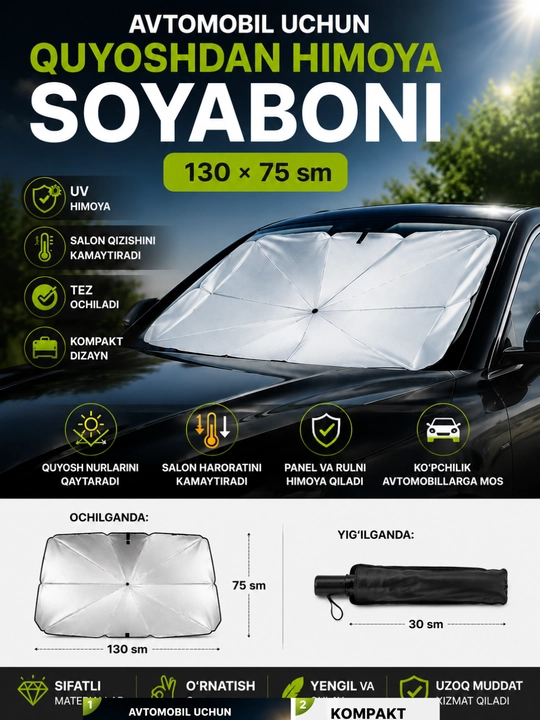 Universal avtomobil quyoshdan himoya soyaboni, old oyna uchun, 130x70 sm - 