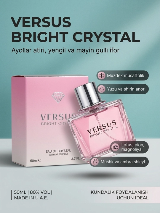 Ayollar uchun "Versus Bright Crystal" parfyumeriyasi - gul va yangi hidli atir suvi