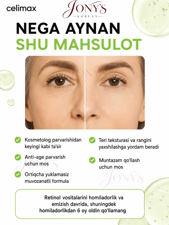 Celimax Retinol Shot: retinol va mikroignalar bilan-krem va zardob, teri tarangligi uchun