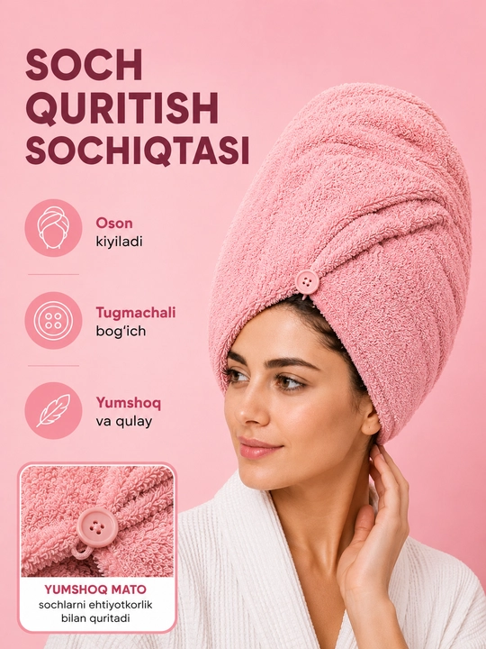 Soch quritish uchun mikrofibrali sochiq-turban, tugmali mahkamlash, tez nam yutuvchi - 
