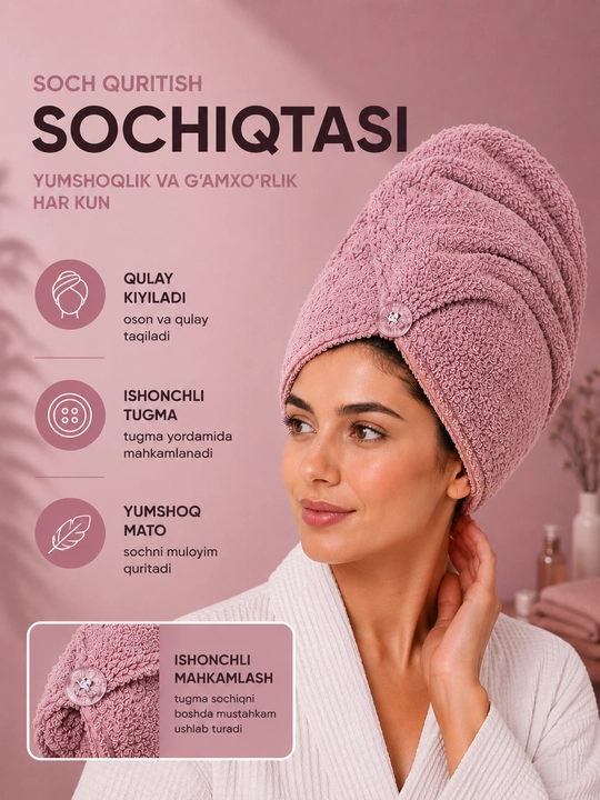 Soch quritish uchun mikrofibrali sochiq-turban, tugmali mahkamlash, tez nam yutuvchi - 