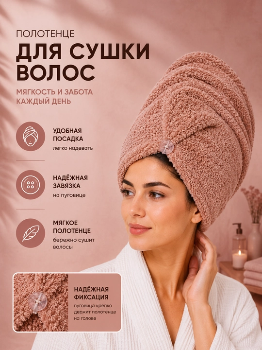 Soch quritish uchun mikrofibrali sochiq-turban, tugmali mahkamlash, tez nam yutuvchi - 