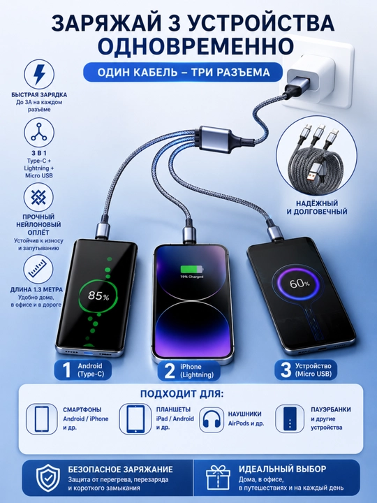 Кабель для зарядки 3 в 1, Type-C + Lightning + Micro USB 1.3 м