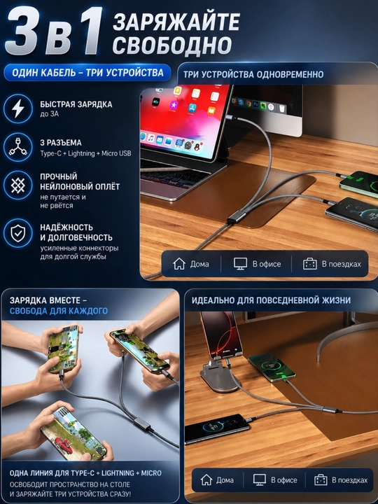 Кабель для зарядки 3 в 1, Type-C + Lightning + Micro USB 1.3 м
