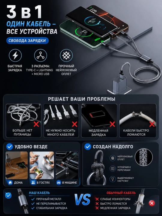 Кабель для зарядки 3 в 1, Type-C + Lightning + Micro USB 1.3 м