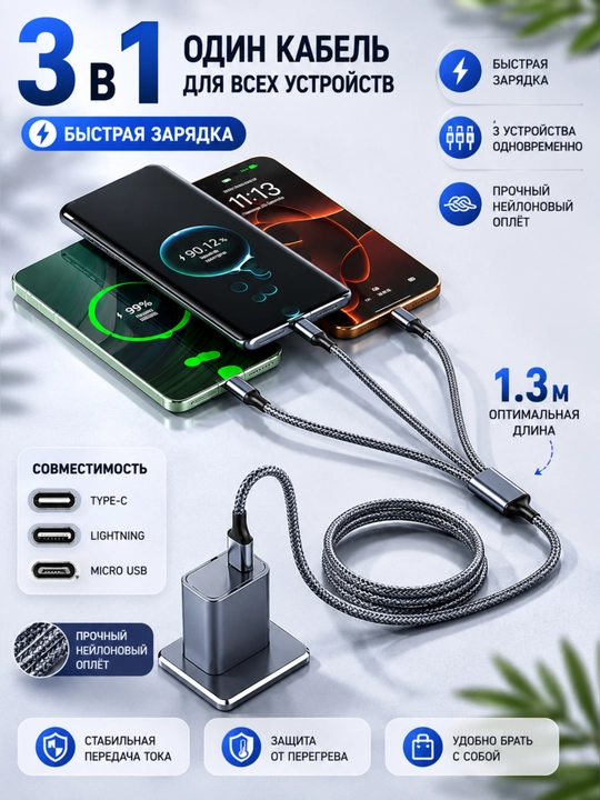 Кабель для зарядки 3 в 1, Type-C + Lightning + Micro USB 1.3 м