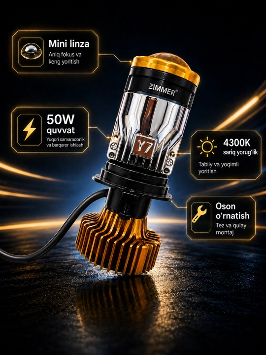 Zimmer H4 mini linzali LED lampa, 4300K va 6000K yorug‘lik, Y7D, 2 dona old faralar uchun