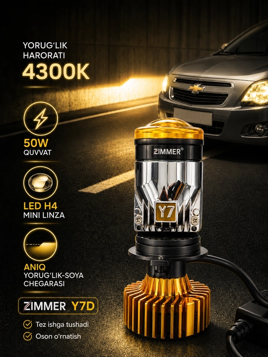 Zimmer H4 mini linzali LED lampa, 4300K va 6000K yorug‘lik, Y7D, 2 dona old faralar uchun