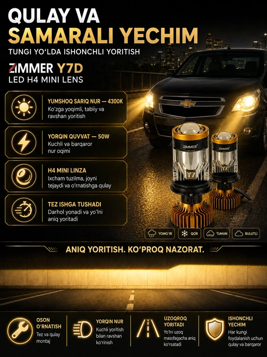 Zimmer H4 mini linzali LED lampa, 4300K va 6000K yorug‘lik, Y7D, 2 dona old faralar uchun
