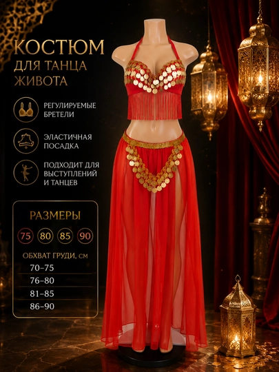 Костюм для танца живота с золотыми монетками и бахромой, красный/черный