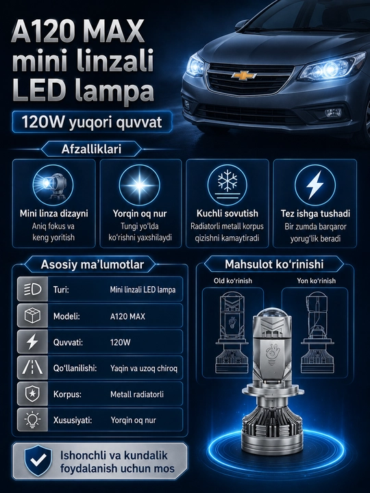 Zimmer A120 MAX 120W avtomobil LED lampalari, yorqin fara nuri uchun