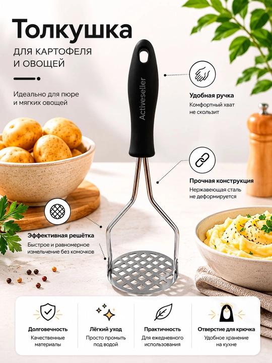 Толкушка для картофеля и овощей из нержавеющей стали, картофелемялка, пресс для пюре - 