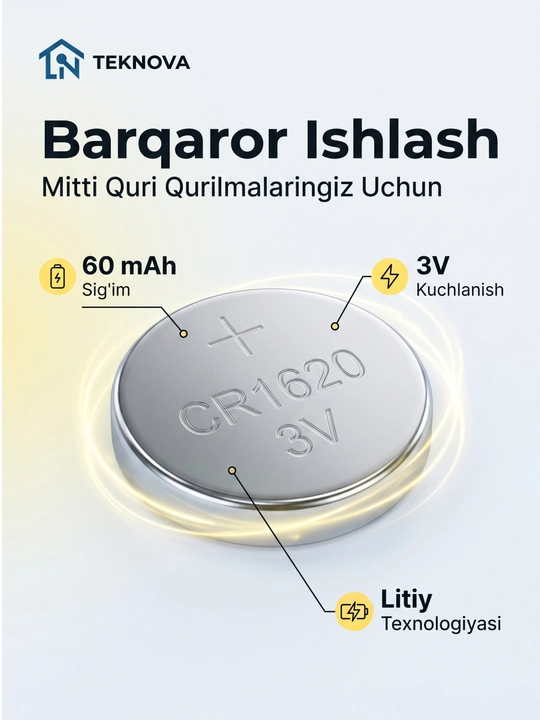 Batareya (CR1220, CR1620 CR2016 CR2025, CR2032, CR2450) 3V, 5 dona, Teknova litiy