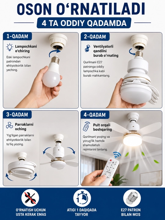 LED ventilyatorli qandil, pultli, 3 yoritish rejimi, 4 tezlik, E27, 40W, barcha xona uchun