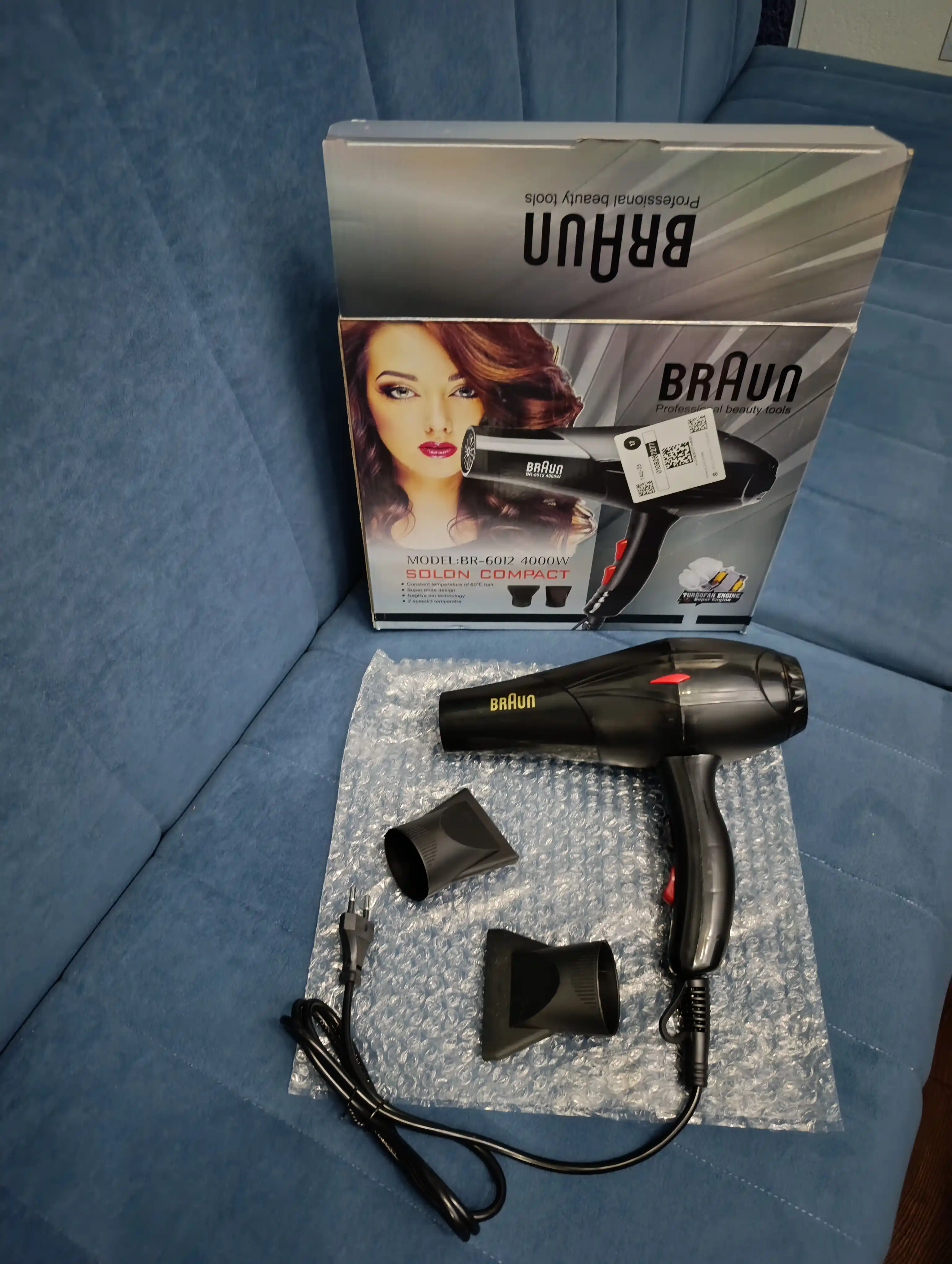 Фен Braun BR-6012, 4000 Вт, 2 насадки, профессиональный фен, в подарок