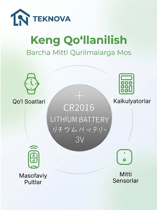 Batareya (CR1220, CR1620 CR2016 CR2025, CR2032, CR2450) 3V, 5 dona, Teknova litiy