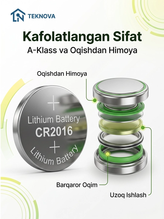 Batareya (CR1220, CR1620 CR2016 CR2025, CR2032, CR2450) 3V, 5 dona, Teknova litiy