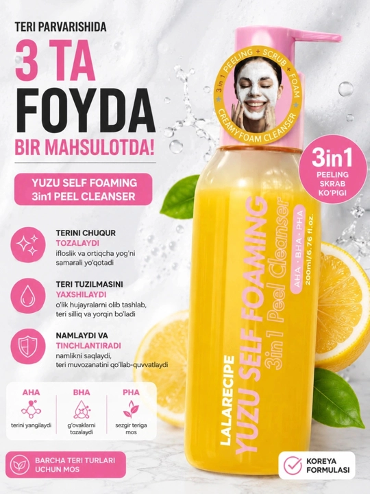 LALARECIPE Penka Yuzu Self Foaming 3 tasi 1 da AHA BHA yuzni tozalash uchun ko`pik, 200 ml - 