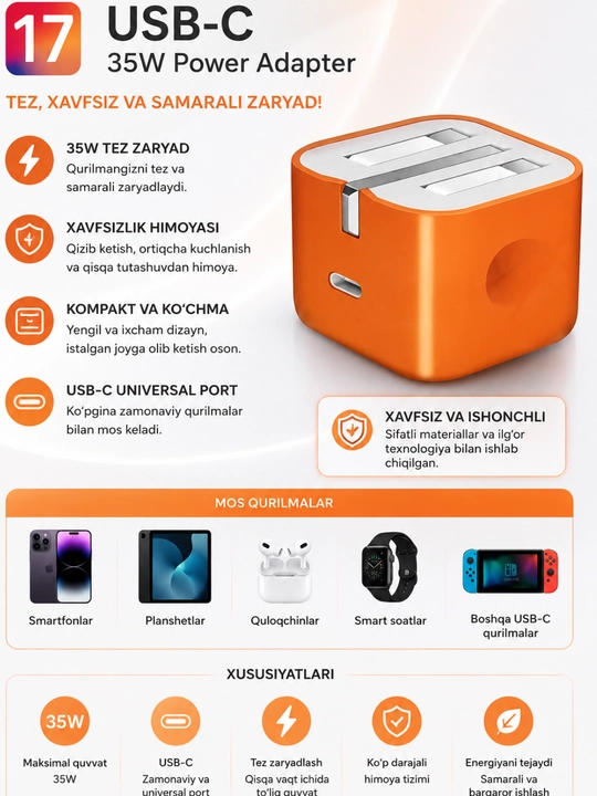 Зарядное устройство для iPhone, блок Type-C, PD, кабель Type-C/Lightning, 35 Вт - 