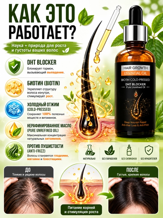 Premium biotinli serum soch o'sishi va zichligi uchun, DHT Blocker, 30 ml