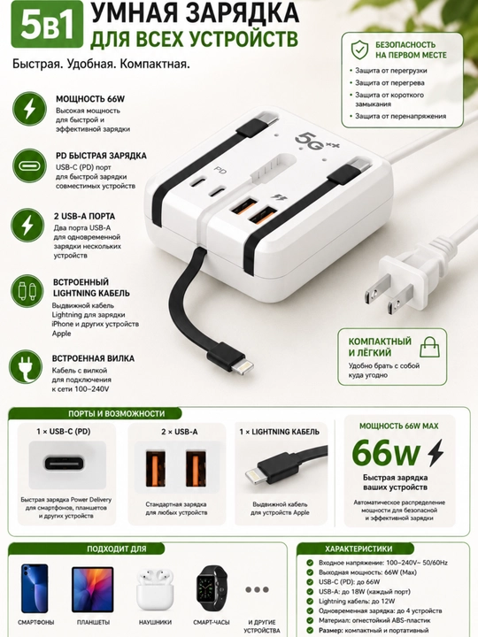 Universal zaryadlovchi 66W 5 ta 1 da, Type-C, Lightning, Micro USB kabel +sovg‘a adapter