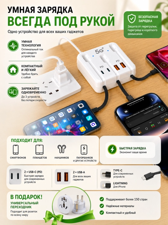 Universal zaryadlovchi 66W 5 ta 1 da, Type-C, Lightning, Micro USB kabel +sovg‘a adapter