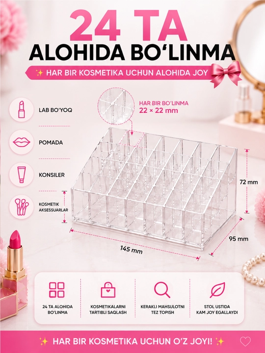 24 bolinmali shaffof lab boyogi va tartiblagich plastik saqlash, organayzer, kosmeitka