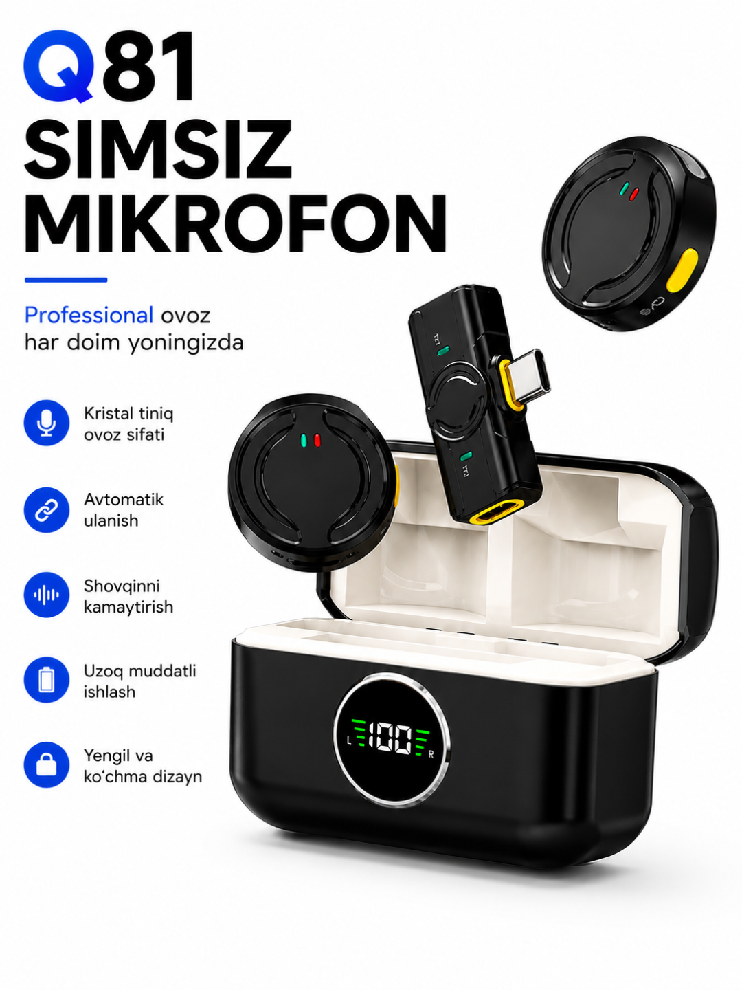 Беспроводной микрофон Q81 2TX+1RX Type-C с шумоподавлением для блогеров и интервью - 