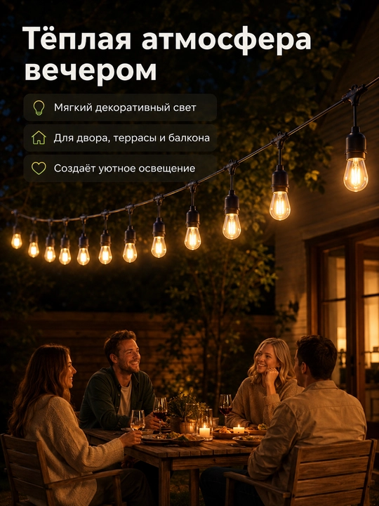 Гирлянда белт лайт, 10 м, 10 ламп E27 220V влагозащищенная, соединяемая для сада