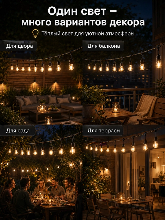 Гирлянда белт лайт, 10 м, 10 ламп E27 220V влагозащищенная, соединяемая для сада