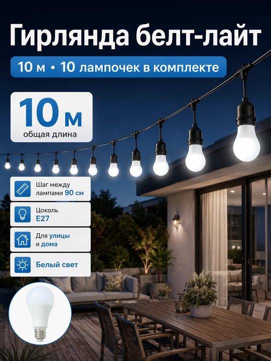 Bog‘ uchun biriktiriladigan 10 m uzunlikdagi 10 ta E27 220Vchiroqli Belt Light gulchambari - 