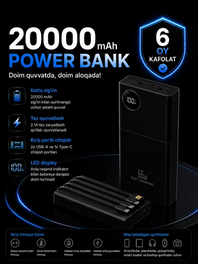 Внешний аккумулятор Power Bank 20000mA 66-22.5W, с быстрой зарядкой - 