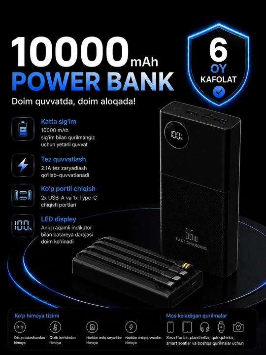 Внешний аккумулятор Power Bank 20000mA 66-22.5W, с быстрой зарядкой - 