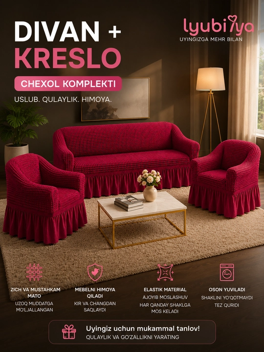Divan va 2 ta kreslo uchun universal chexol komplekti, streych Jatka, yubkali