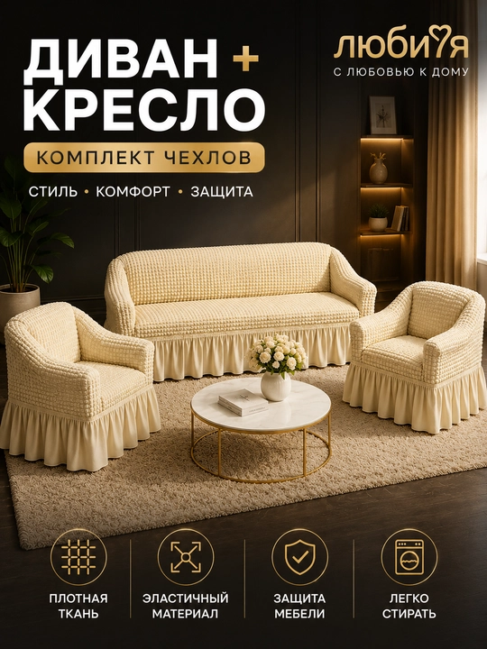 Divan va 2 ta kreslo uchun universal chexol komplekti, streych Jatka, yubkali