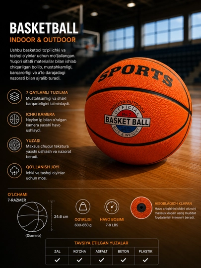 Баскетбольный мяч Sports Official №7 Indoor/Outdoor Nylon Wound — оранжевый