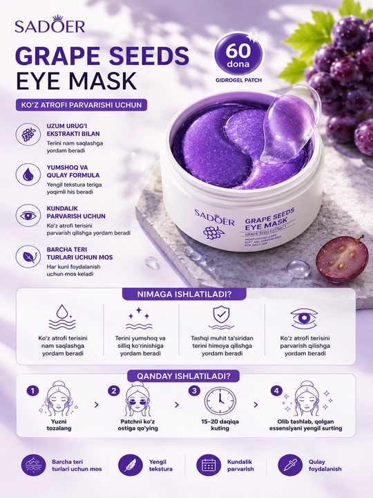 SADOER Grape Seeds Firming Eye Mask – Uzum Urug‘i Ekstrakti bilan Ko‘z Osti Patchlari, 60