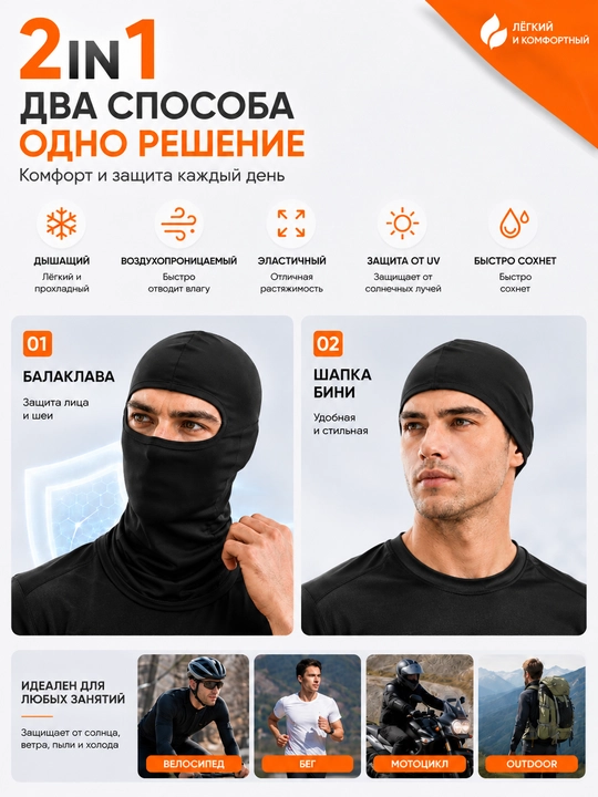 Балаклава Ice Silk Унисекс – Дышащая, с защитой от UV, для мотоцикла и спорта