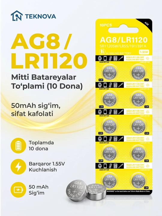 Алкалиновые батарейки дисковые Teknova LR44 AG13, 10 шт - 