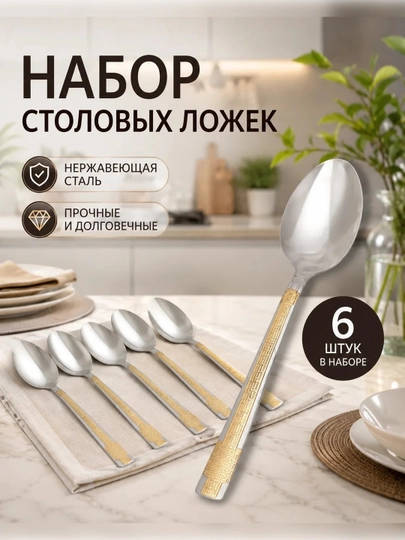 Ложки столовые, набор ложек, нержавеющая сталь, 6 штук