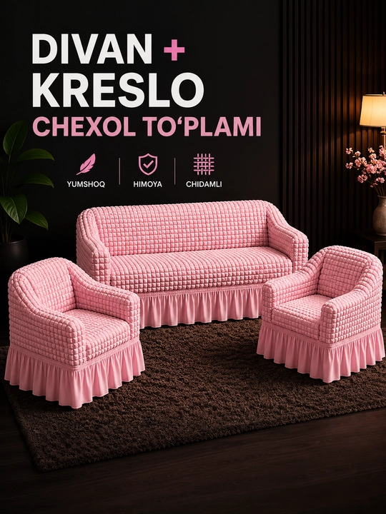 Divan va 2 ta kreslo uchun universal chexol komplekti, streych Jatka, yubkali