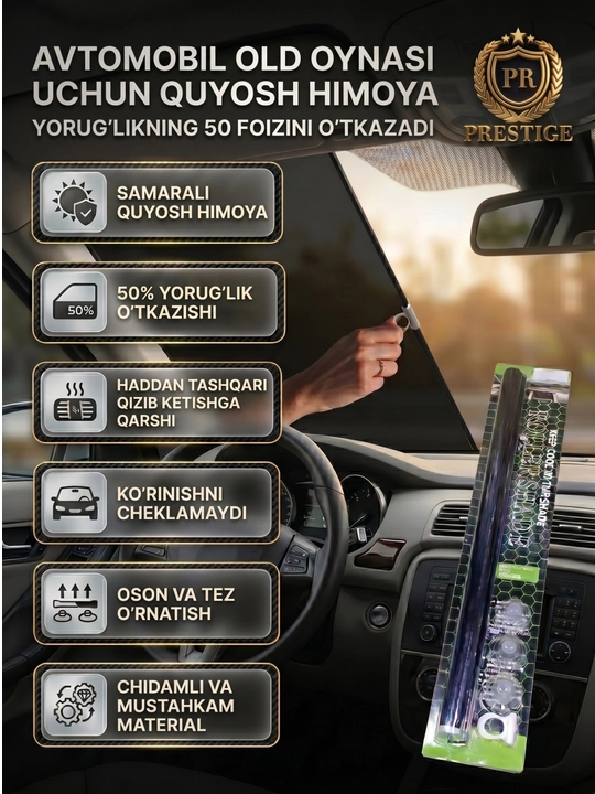 Avtomobil quyosh pardasi 53x130 sm, old oyna uchun rulonli tonirovka plyonkasi - 