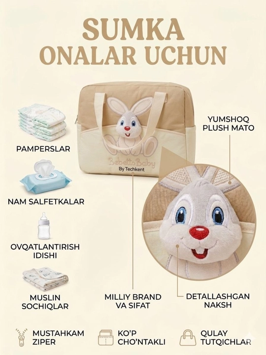 Sumka Ona va chaqaloq uchun Bebetto sumkasi, homilador ayollar uchun bo‘limli sumka