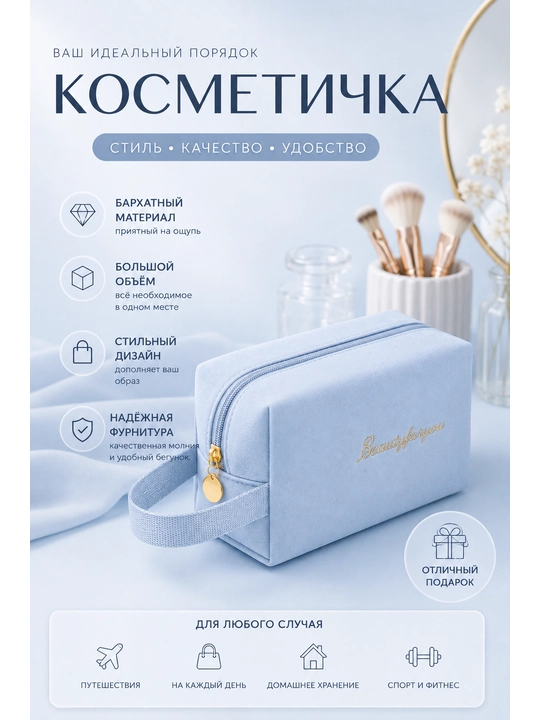 Ayollar uchun baxmal kosmetik sumka, kosmetika uchun organayzer, 4 xil rangda - 