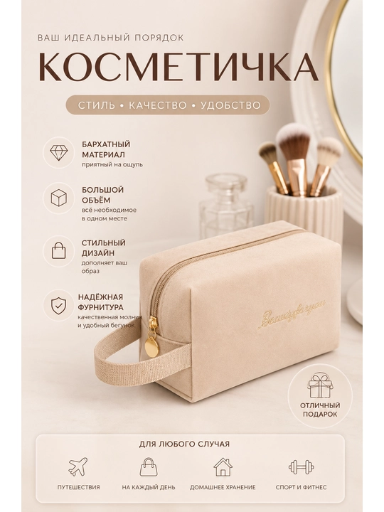 Ayollar uchun baxmal kosmetik sumka, kosmetika uchun organayzer, 4 xil rangda - 