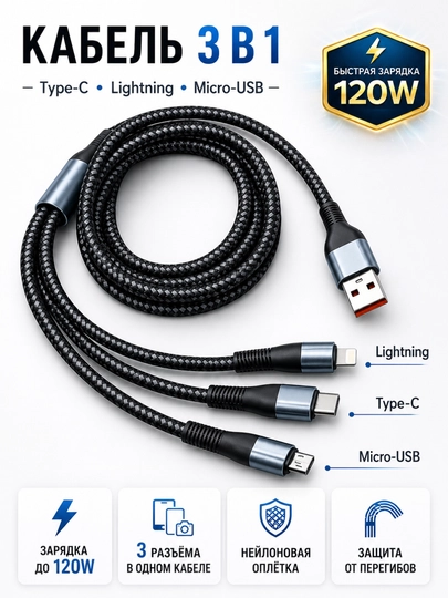 Кабель 120W 3-в-1 для быстрой зарядки Type-C|Lightning|MicroUSB, металлические коннекторы - 