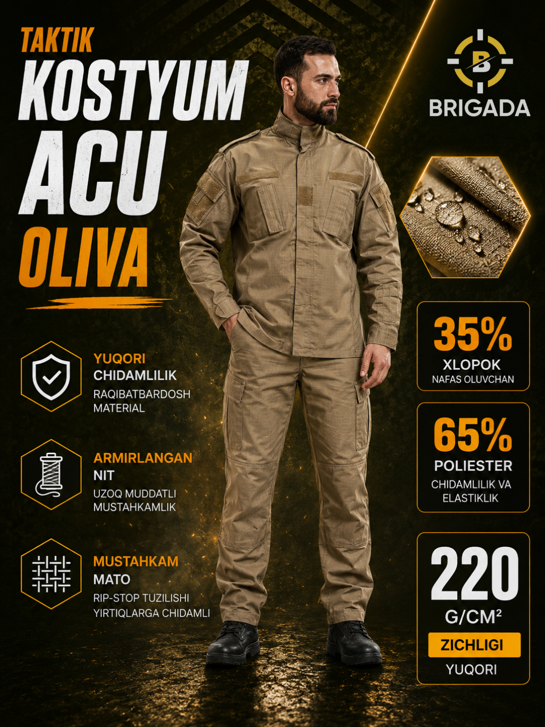 Taktik kostyum ACU Rip Stop yashil, qora, mox, multikam, qora multikam, taktik forma - 