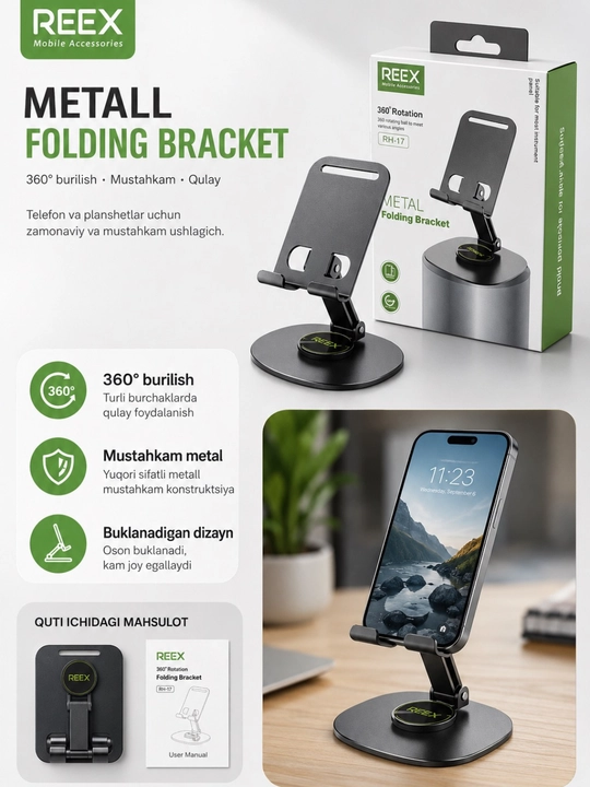 360° aylanuvchi telefon va planshet uchun mustahkam stol podstavkasi, 2 kg gacha - 