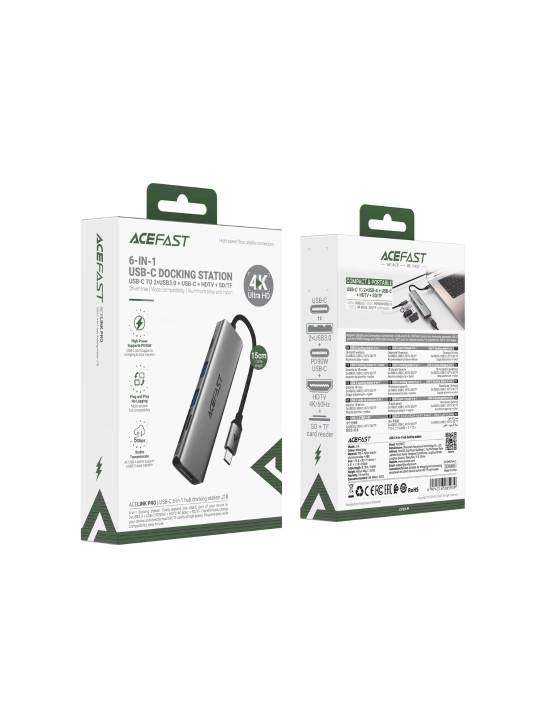 ACEFAST J18 USB-C Hub 6-in-1 – HDMI 4K 60Hz, USB 3.0, PD 90W, SD/TF